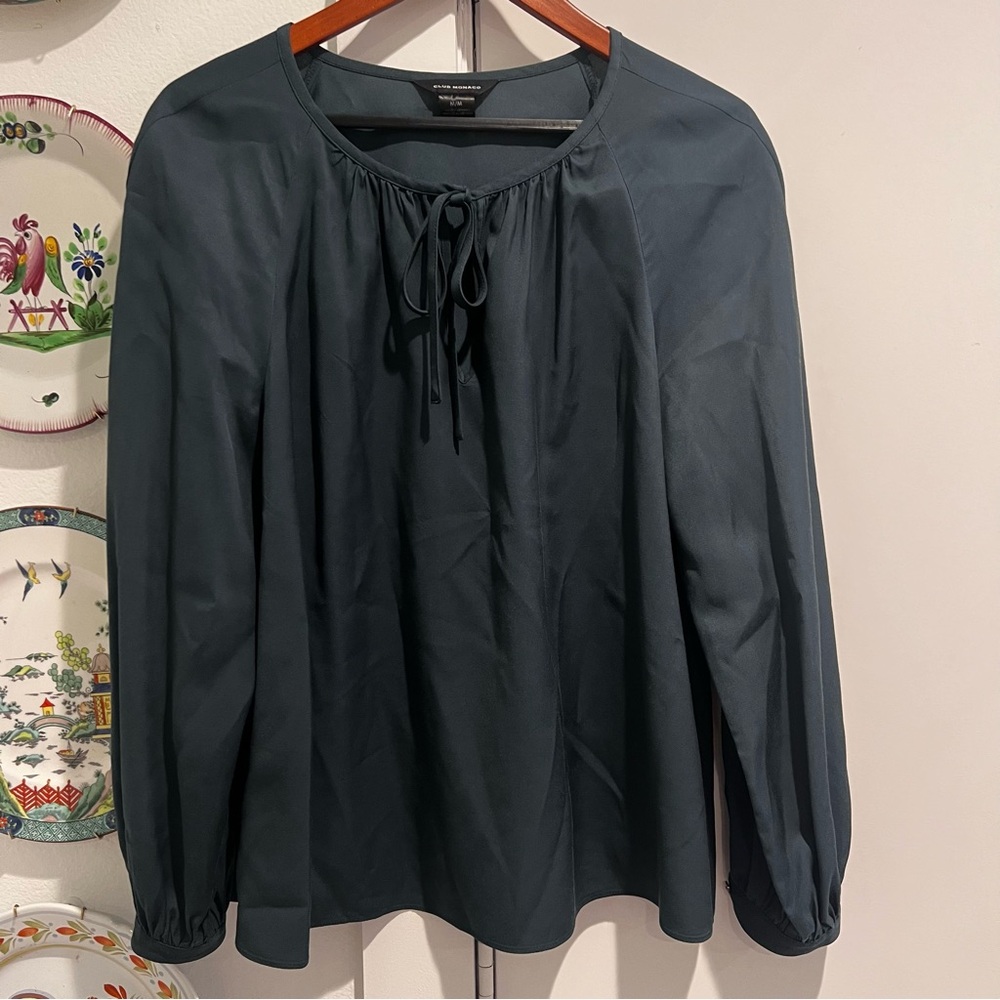 Club Monaco Dark Green Tie Neck Swing Blouse